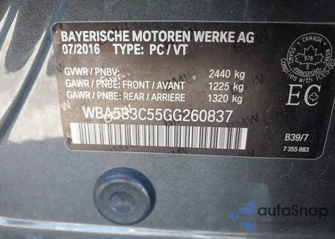 2016 BMW 535I xDrive из США, поврежденный, VIN WBA5B3C55GG260837